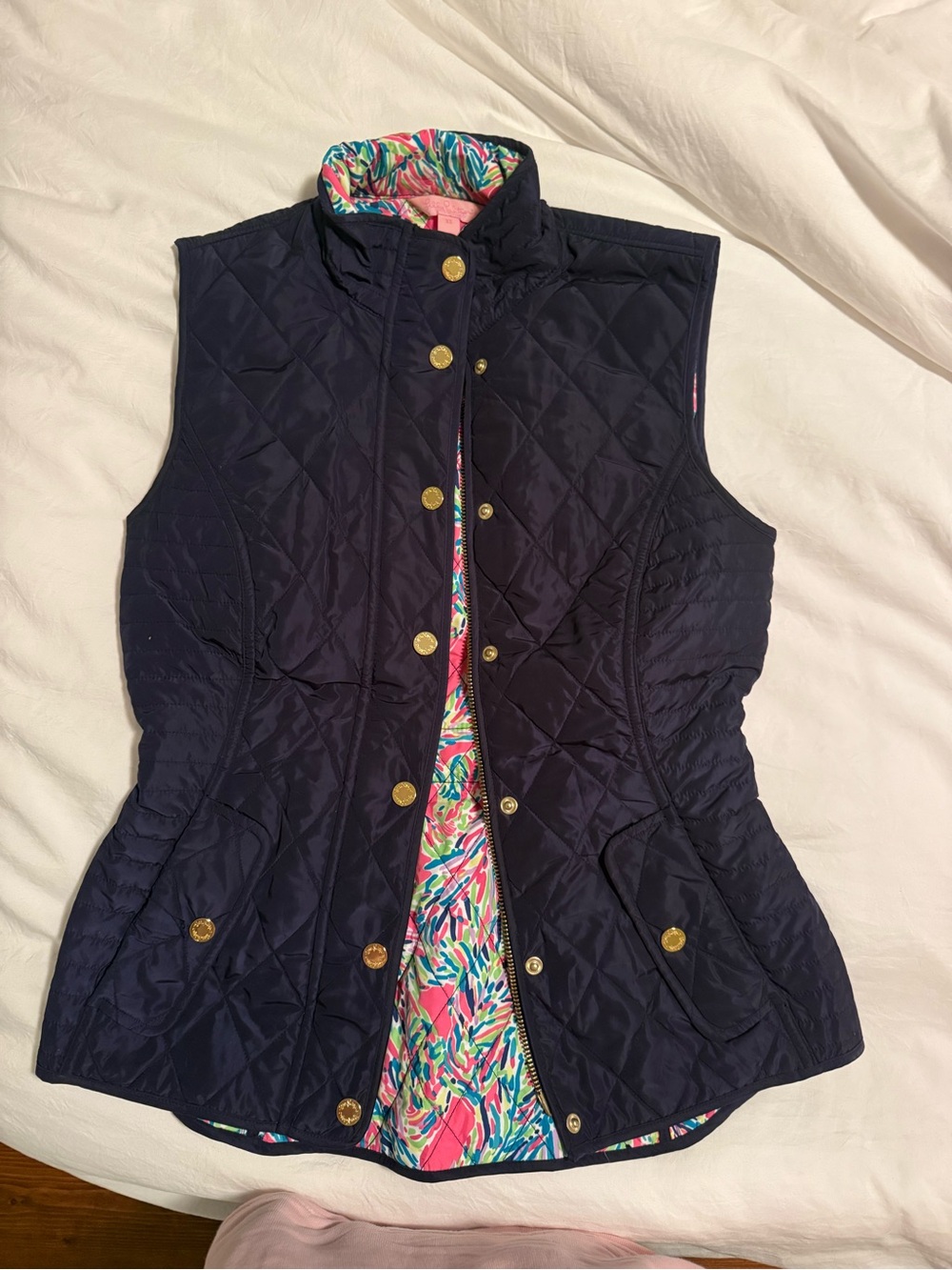 Lilly Pulitzer Navy Quilted Sleeveless Vest with Colorful Printed Lining